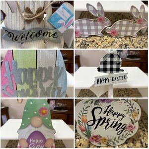 6-Spring & Easter Decorative Wooden Signs Set - Pastel Multicolor